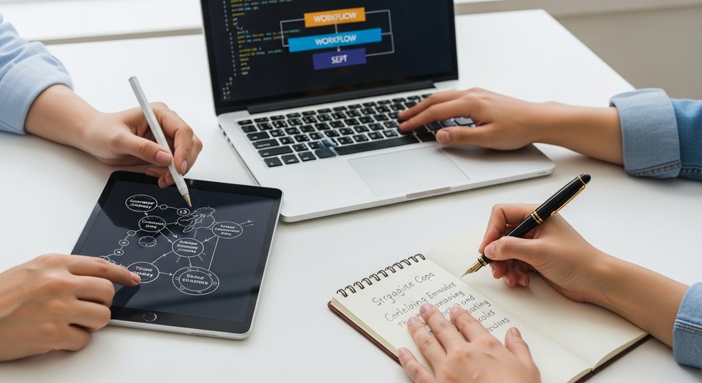 Drei Expertenhände arbeiten an Strategie, Technik und Content für die Inhouse-Marketing-Automation.