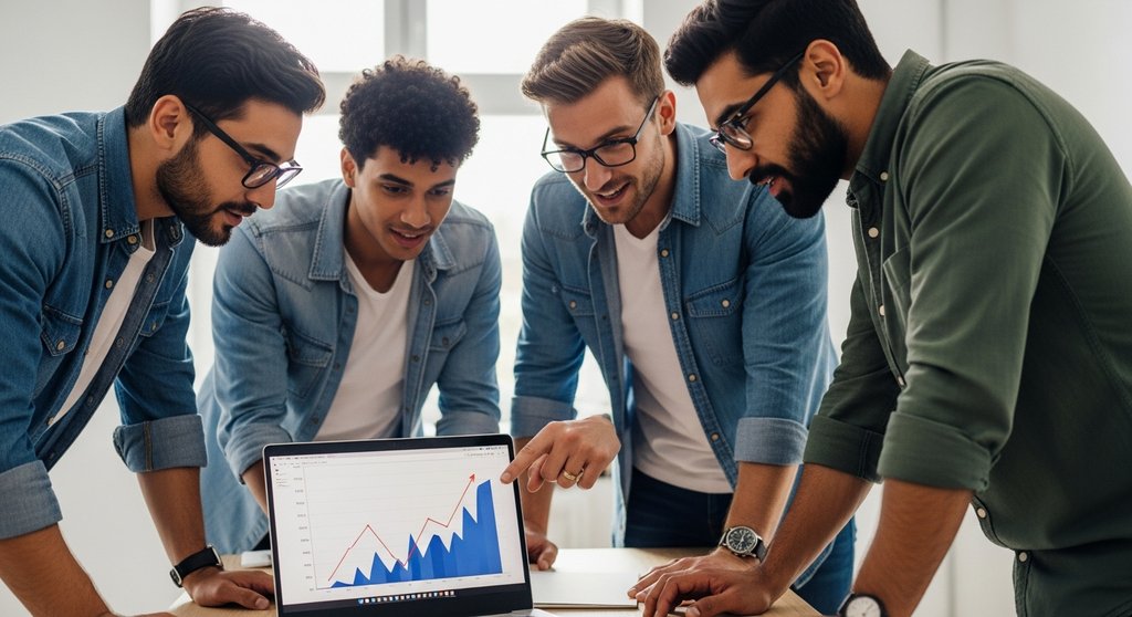 Ein agiles Startup-Team analysiert erfolgreiche Marketing-Ergebnisse und profitiert von Agentur-Flexibilität.