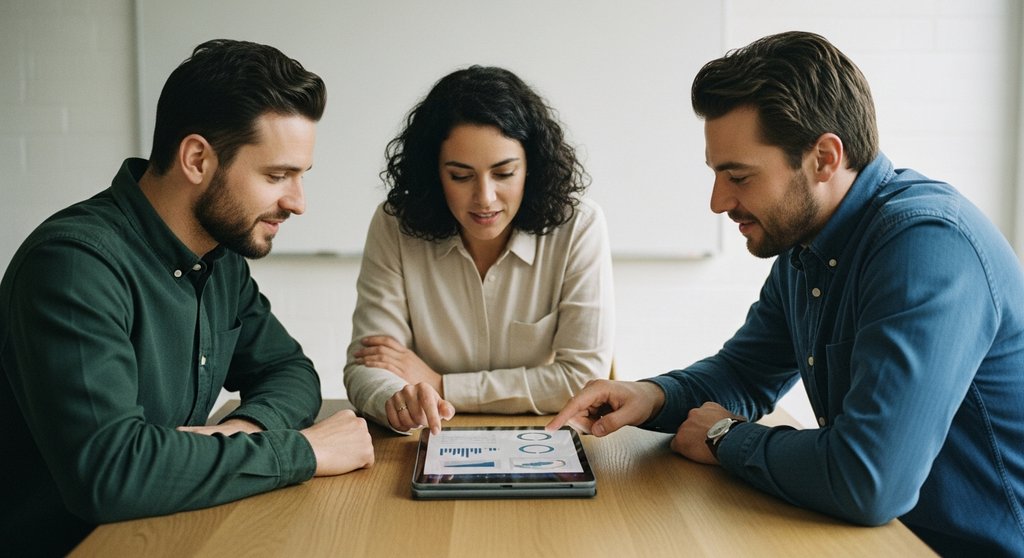 Ein diverses Marketing-Team analysiert gemeinsam Daten auf einem Tablet, um strategische Entscheidungen zu treffen.
