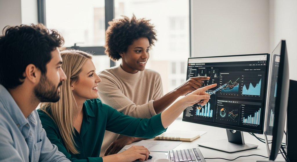 Ein diverses SEO-Team analysiert gemeinsam komplexe Daten auf einem Monitor.