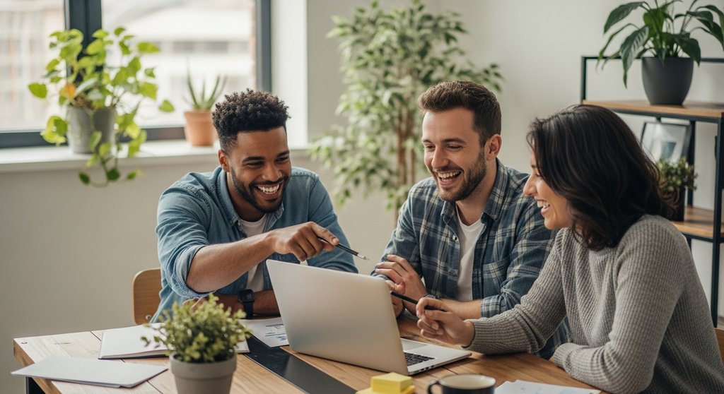 Ein engagiertes Inhouse Social Media Team bei einer kreativen Besprechung im Büro.