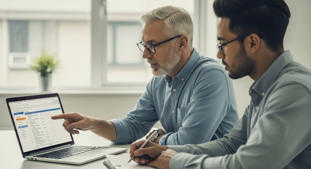Ein erfahrener Mitarbeiter schult einen Kollegen in der Inhouse Keyword Recherche am Laptop.