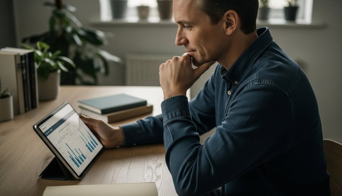 Ein erfolgreicher Freelancer prüft seine Finanzplanung am Tablet in seinem modernen Büro.
