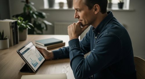 Ein erfolgreicher Freelancer prüft seine Finanzplanung am Tablet in seinem modernen Büro.