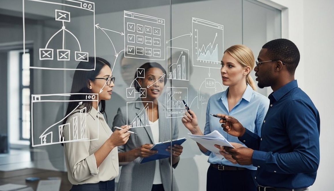 Ein Expertenteam plant in einem Meeting die Strategie für technisches SEO Inhouse.