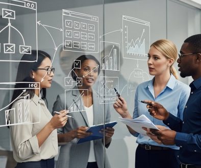 Ein Expertenteam plant in einem Meeting die Strategie für technisches SEO Inhouse.