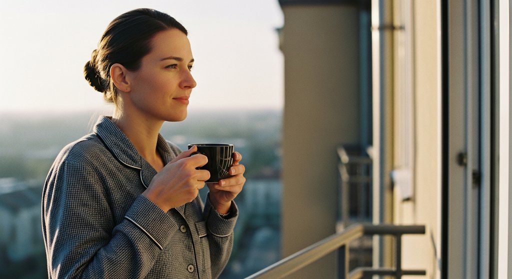 Ein finanziell sorgenfreier Freelancer genießt seinen Kaffee am Morgen mit ruhigem Blick.