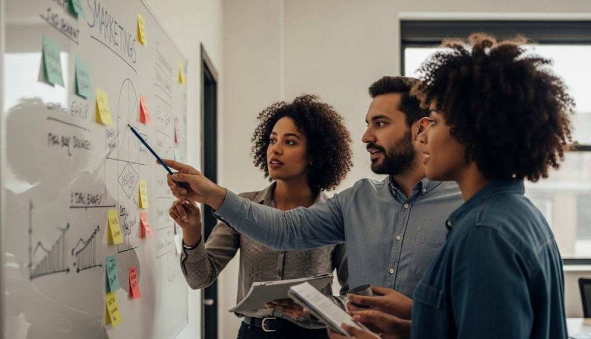 Ein fokussiertes Inhouse-Marketingteam diskutiert strategische Vorteile am Whiteboard.