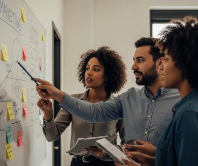 Ein fokussiertes Inhouse-Marketingteam diskutiert strategische Vorteile am Whiteboard.