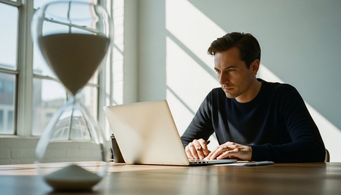 Ein Freelancer arbeitet an seinem Schreibtisch, während im Vordergrund eine Sanduhr das Konzept des passiven Einkommens symbolisiert.