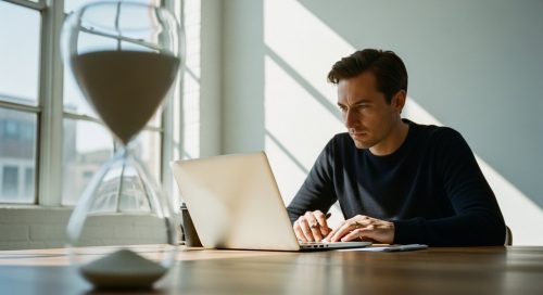 Ein Freelancer arbeitet an seinem Schreibtisch, während im Vordergrund eine Sanduhr das Konzept des passiven Einkommens symbolisiert.
