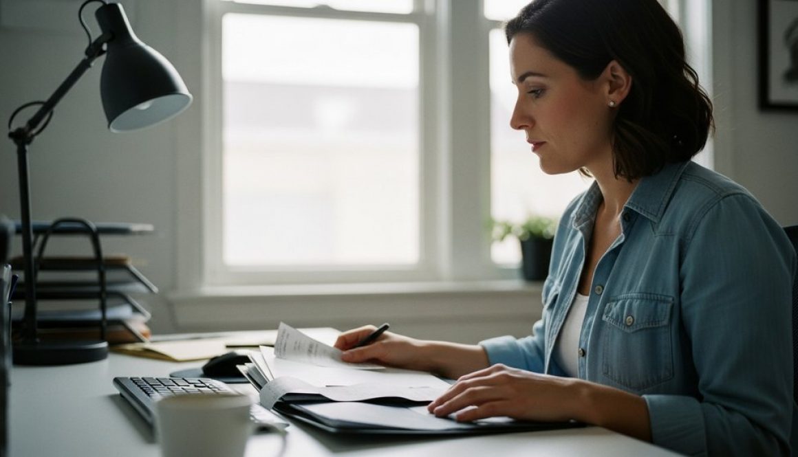 Ein Freelancer bei der professionellen Gewinnermittlung an seinem Schreibtisch.