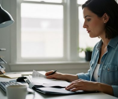 Ein Freelancer bei der professionellen Gewinnermittlung an seinem Schreibtisch.