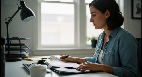 Ein Freelancer bei der professionellen Gewinnermittlung an seinem Schreibtisch.