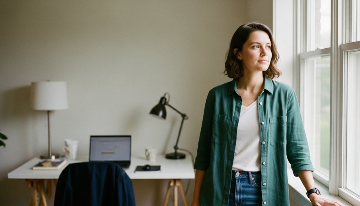 Ein Freelancer blickt zuversichtlich aus dem Fenster seines Büros und hat seine Finanzen im Griff.