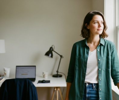 Ein Freelancer blickt zuversichtlich aus dem Fenster seines Büros und hat seine Finanzen im Griff.
