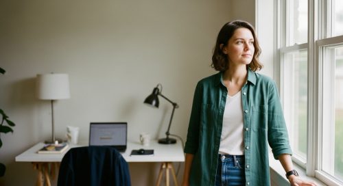 Ein Freelancer blickt zuversichtlich aus dem Fenster seines Büros und hat seine Finanzen im Griff.