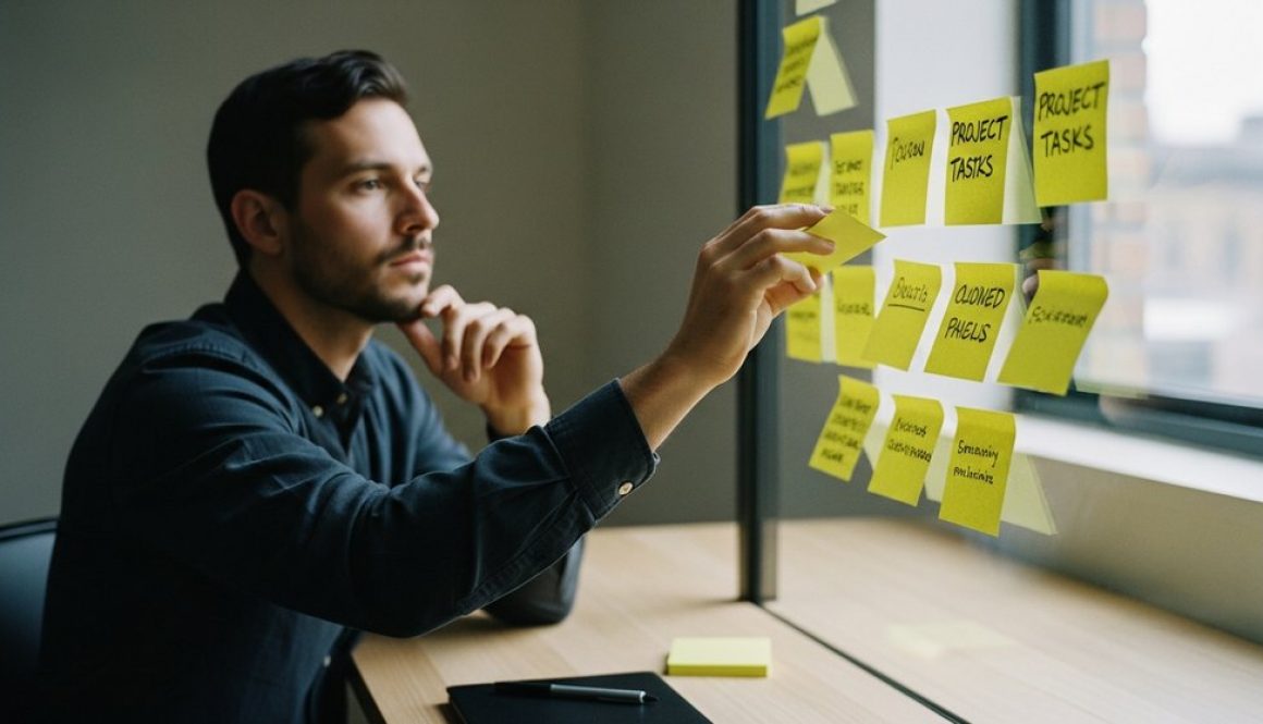 Ein Freelancer plant ein Projekt und kalkuliert eine Projektpauschale an einer Wand mit Notizen.