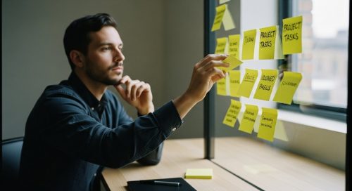 Ein Freelancer plant ein Projekt und kalkuliert eine Projektpauschale an einer Wand mit Notizen.