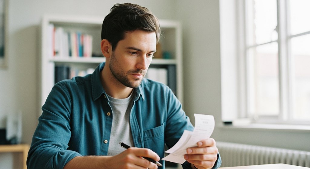 Ein Freiberufler sitzt nachdenklich an seinem Schreibtisch und schaut auf einen Stapel Belege, während im Hintergrund sein aufgeräumtes Homeoffice zu sehen ist. Medium shot of a thoughtful male freelancer in his late 30s, sitting at a wooden desk in a bright, minimalist home office. He is looking down at a small, neat stack of receipts he holds in his hand, a pen in the other. The background is slightly blurred, showing bookshelves and a window with soft morning light. The mood is concentrated and professional. Shot on a 35mm camera with Kodak Portra 400 film style, visible skin texture, true-to-life colors, slight film grain.