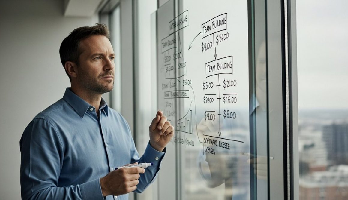 Ein Geschäftsführer analysiert die Inhouse SEO Kosten an einem Whiteboard.