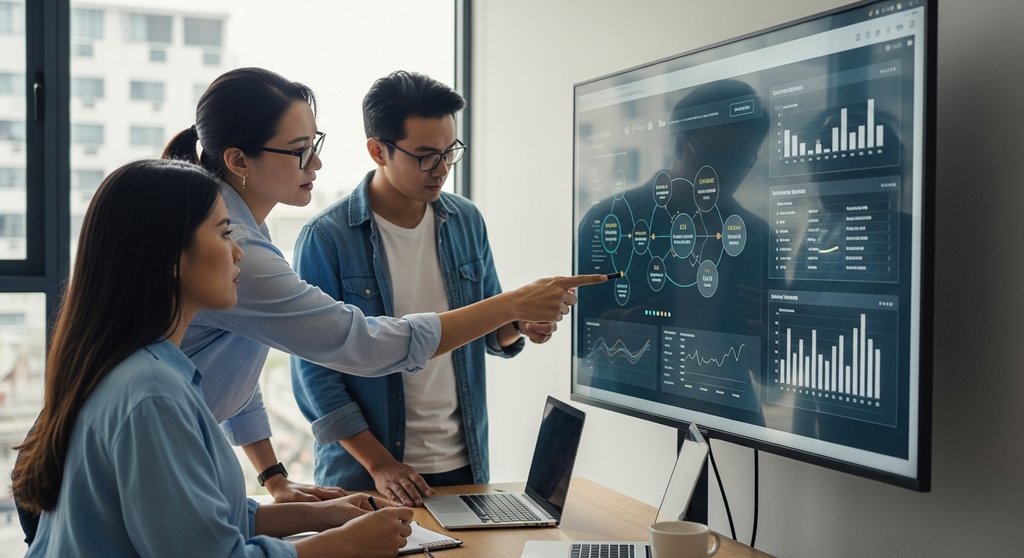 Ein Inhouse-Marketing-Team entwickelt eine Strategie am Whiteboard.