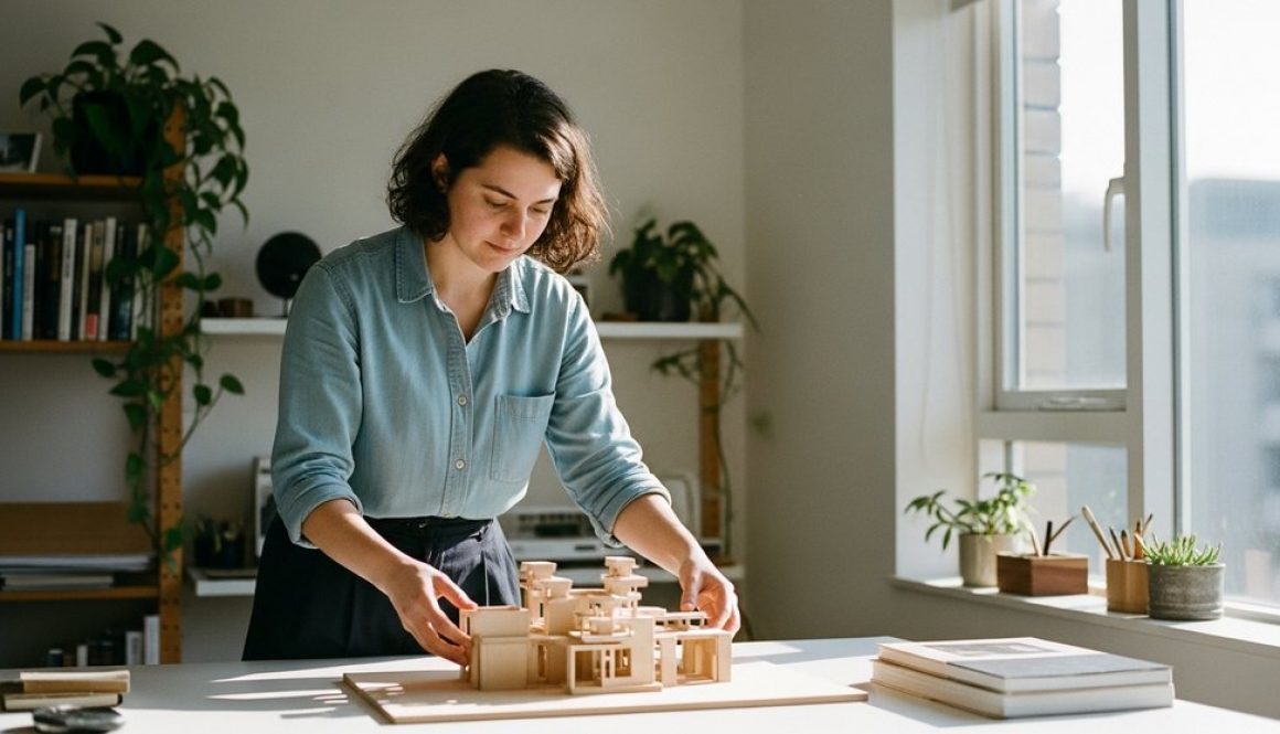 Ein junger Freelancer baut konzentriert an einem Modell und symbolisiert den Aufbau der eigenen Selbstständigkeit.