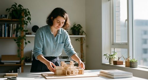 Ein junger Freelancer baut konzentriert an einem Modell und symbolisiert den Aufbau der eigenen Selbstständigkeit.