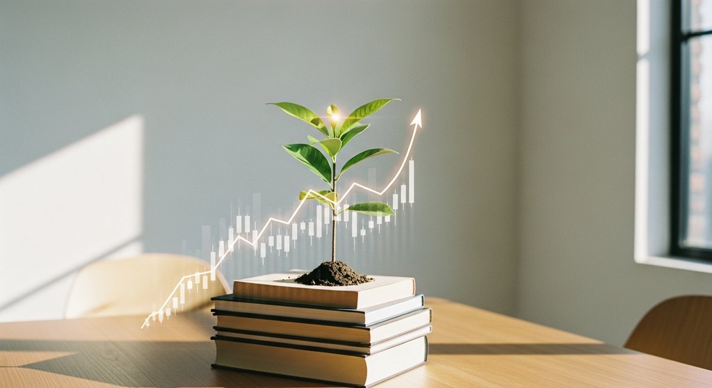Ein kleiner Baum wächst aus Büchern auf einem Schreibtisch, als Symbol für wachsendes Wissen.