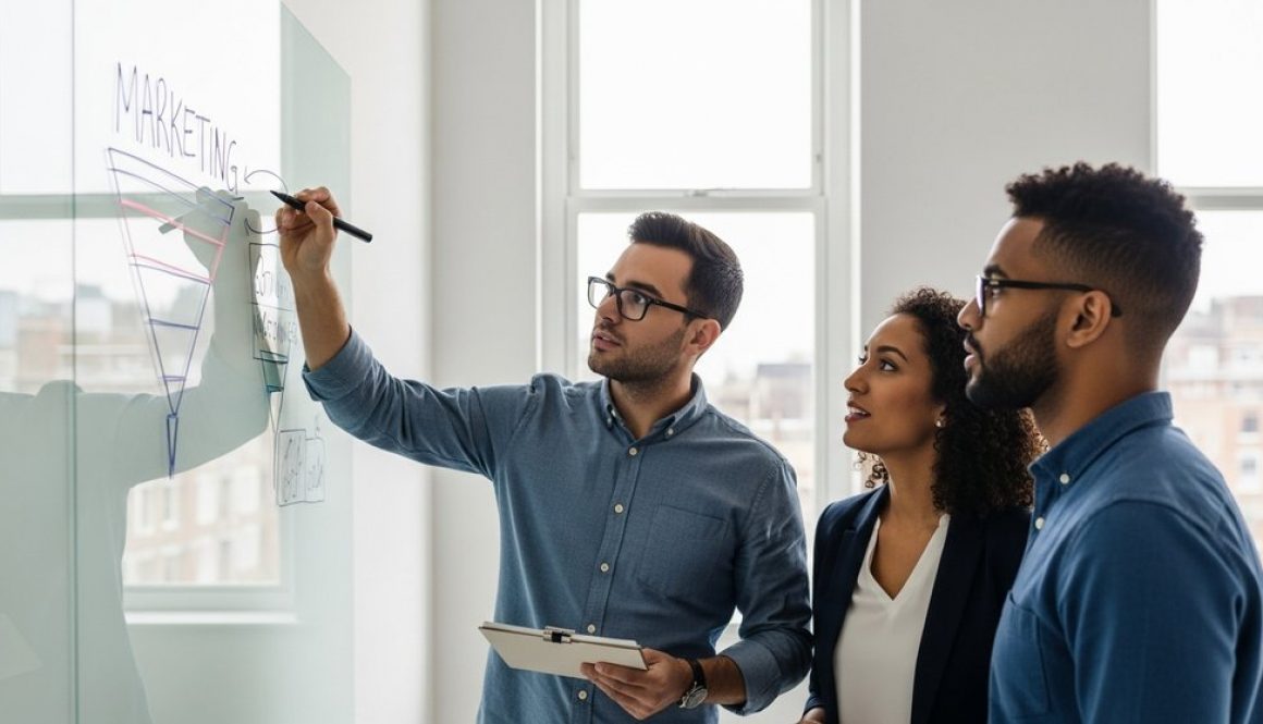 Ein kleines, fokussiertes Marketing-Team plant eine Strategie am Whiteboard.