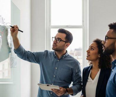 Ein kleines, fokussiertes Marketing-Team plant eine Strategie am Whiteboard.