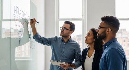 Ein kleines, fokussiertes Marketing-Team plant eine Strategie am Whiteboard.