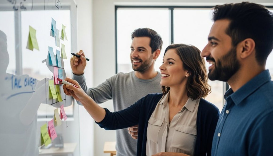 Ein kreatives Inhouse-Marketing-Team bei der strategischen Content-Planung in einem modernen Büro.