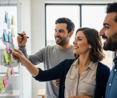 Ein kreatives Inhouse-Marketing-Team bei der strategischen Content-Planung in einem modernen Büro.