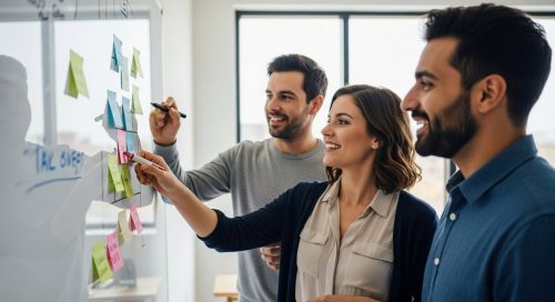Ein kreatives Inhouse-Marketing-Team bei der strategischen Content-Planung in einem modernen Büro.