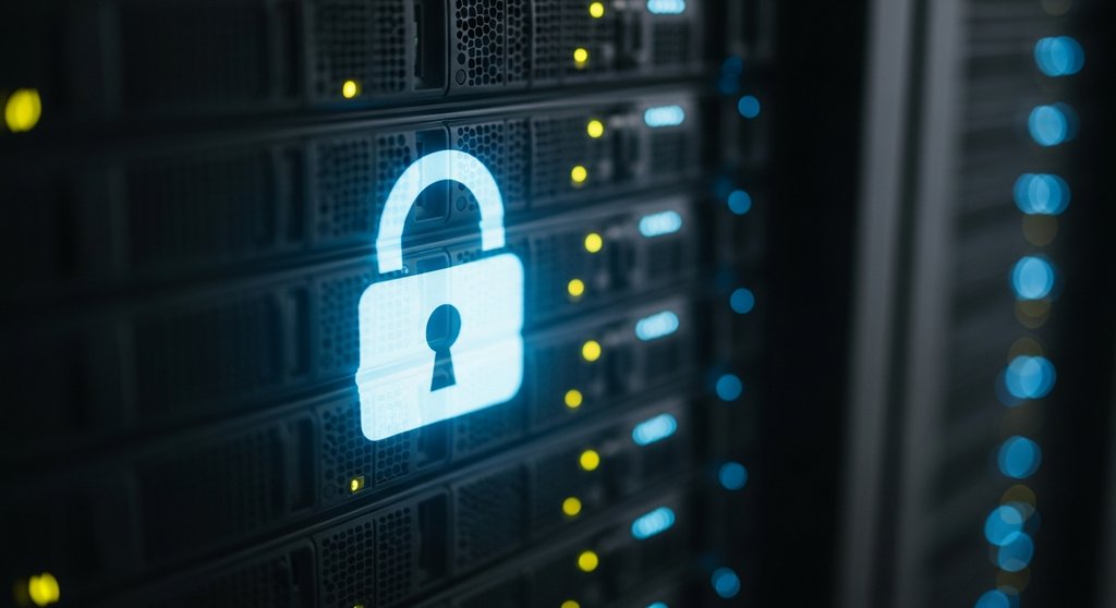 Ein leuchtendes, digitales Vorhängeschloss als Symbol für Datensicherheit und Compliance im Inhouse SEO.