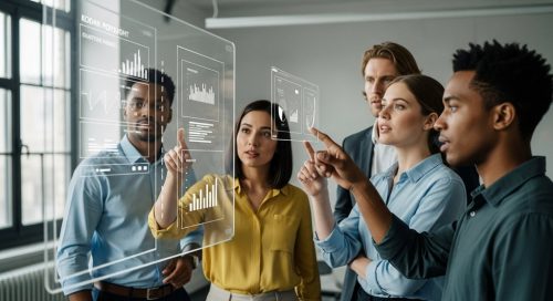 Ein Marketing-Team analysiert ein aussagekräftiges Reporting auf einem Bildschirm und gewinnt neue Erkenntnisse.