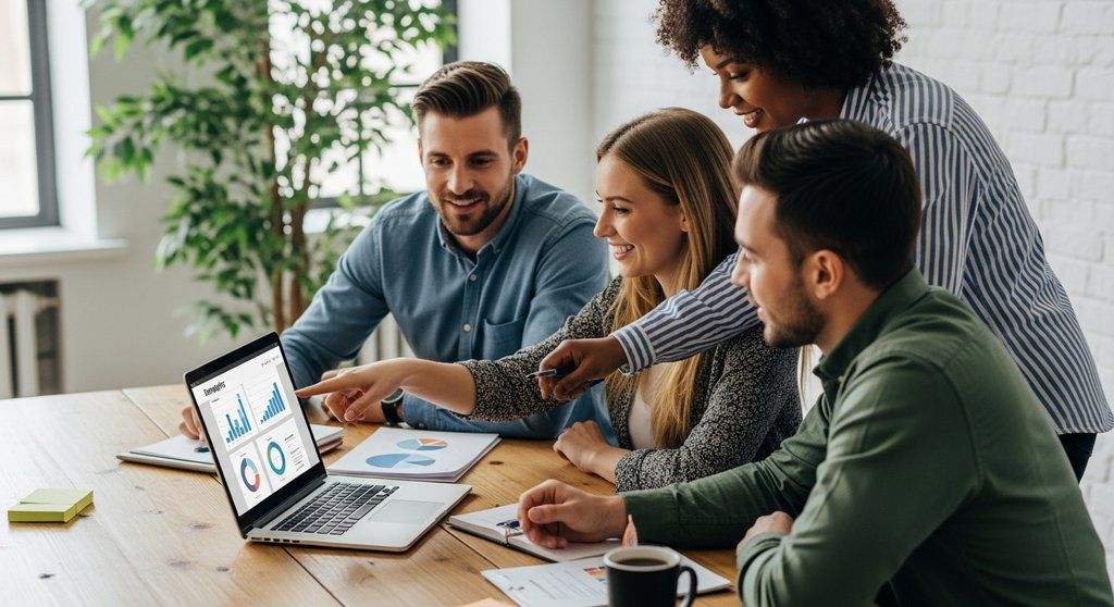 Ein Marketing-Team analysiert gemeinsam Marketing-Daten auf einem Laptop.