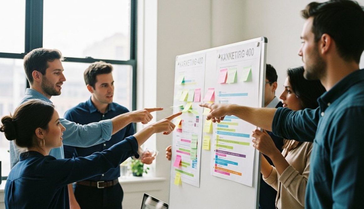 Ein Marketing-Team arbeitet kollaborativ vor einem agilen Kanban-Board.