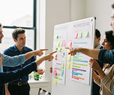 Ein Marketing-Team arbeitet kollaborativ vor einem agilen Kanban-Board.