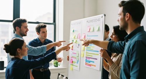 Ein Marketing-Team arbeitet kollaborativ vor einem agilen Kanban-Board.