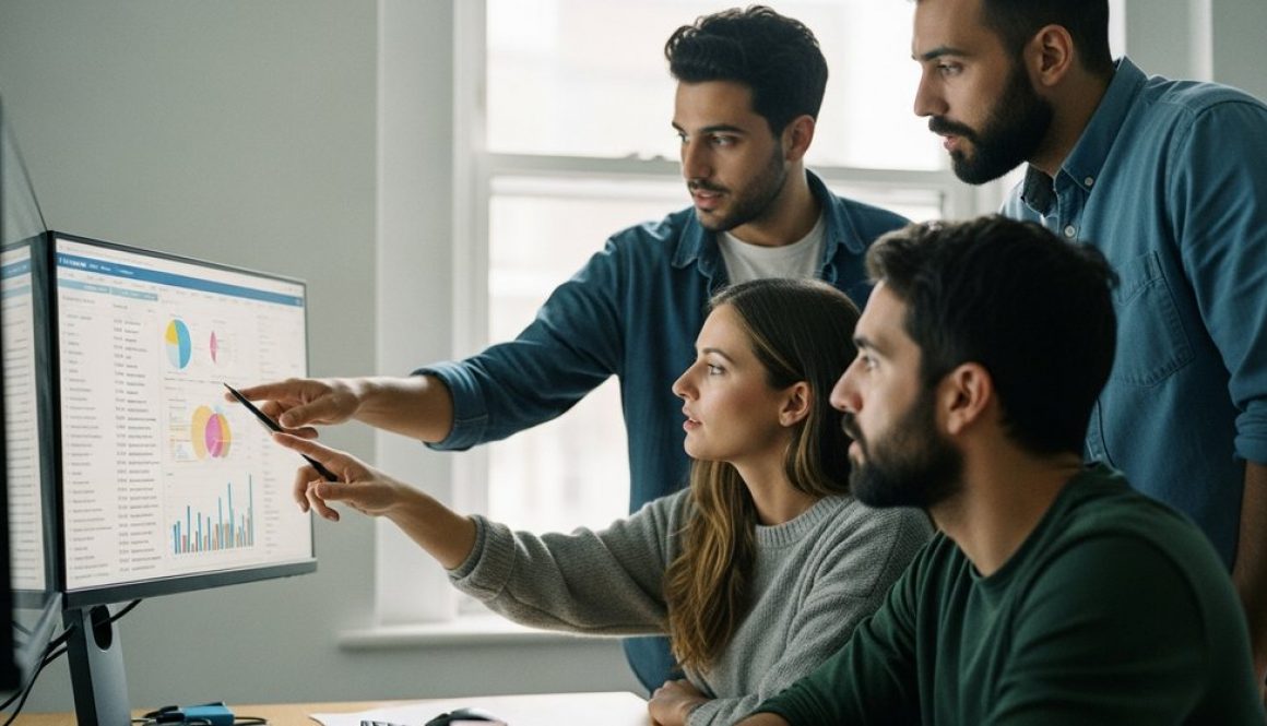 Ein Marketing-Team führt eine Inhouse Keyword Recherche durch und analysiert Daten am Bildschirm.