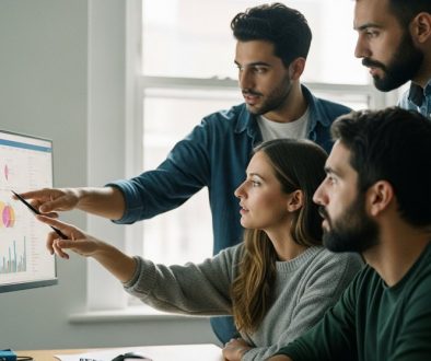 Ein Marketing-Team führt eine Inhouse Keyword Recherche durch und analysiert Daten am Bildschirm.