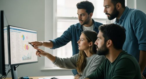 Ein Marketing-Team führt eine Inhouse Keyword Recherche durch und analysiert Daten am Bildschirm.