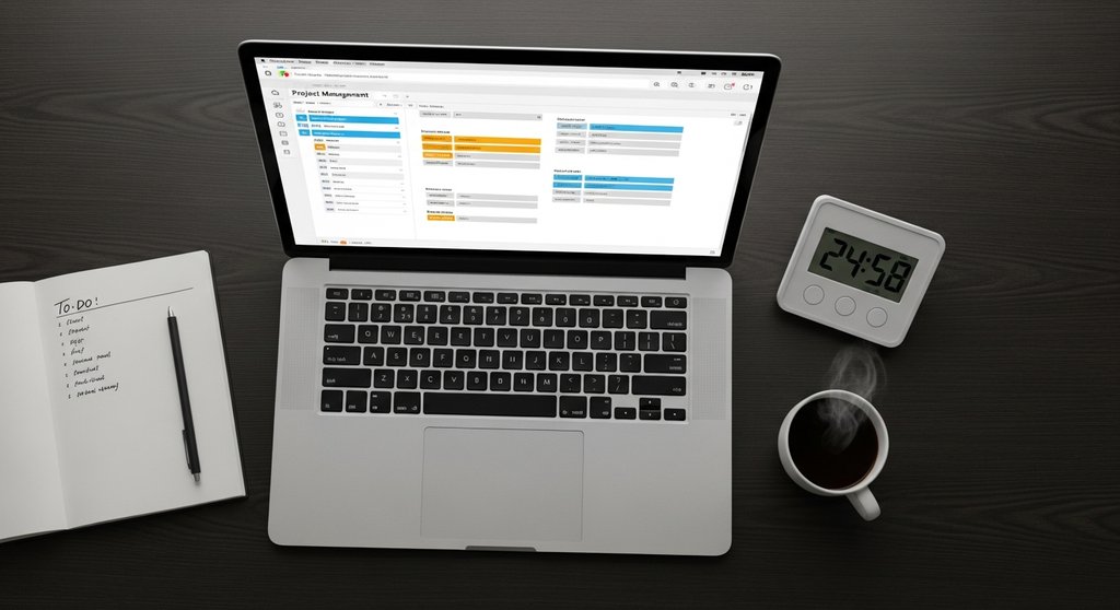 Ein produktiver Arbeitsplatz eines Freelancers mit Tools für Zeit- und Projektmanagement.