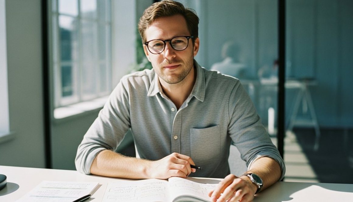 Ein selbstbewusster Freelancer am Schreibtisch, bereit für die Stundensatz-Verhandlung.