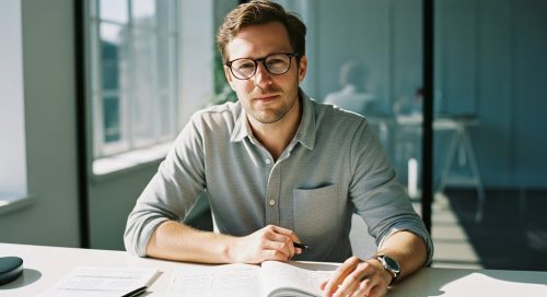 Ein selbstbewusster Freelancer am Schreibtisch, bereit für die Stundensatz-Verhandlung.