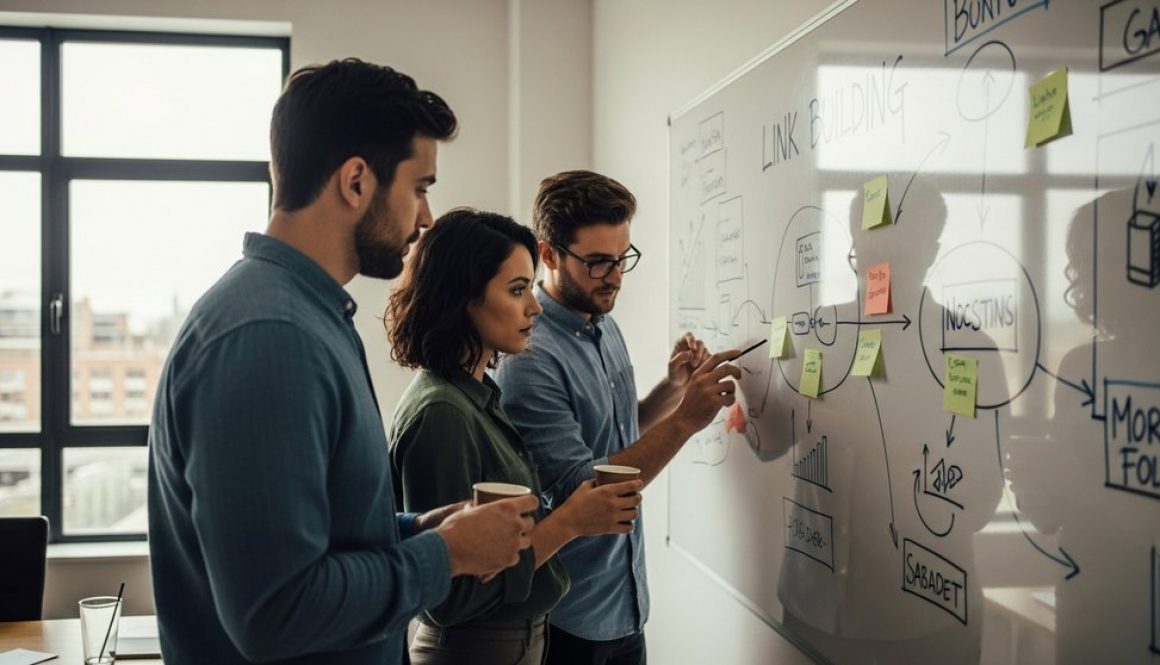 Ein Team bei der strategischen Planung von Inhouse Linkbuilding Maßnahmen am Whiteboard.