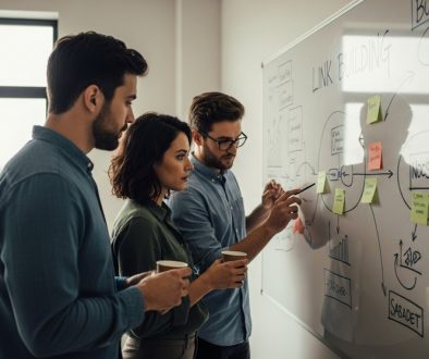 Ein Team bei der strategischen Planung von Inhouse Linkbuilding Maßnahmen am Whiteboard.