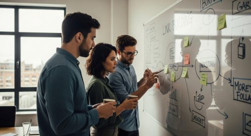 Ein Team bei der strategischen Planung von Inhouse Linkbuilding Maßnahmen am Whiteboard.